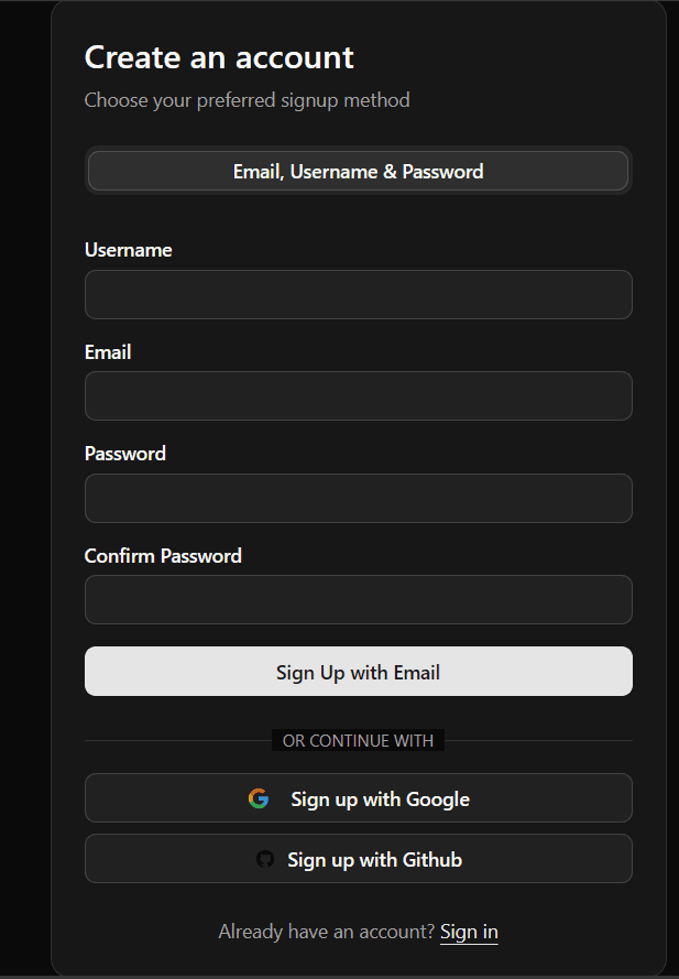Signup page
