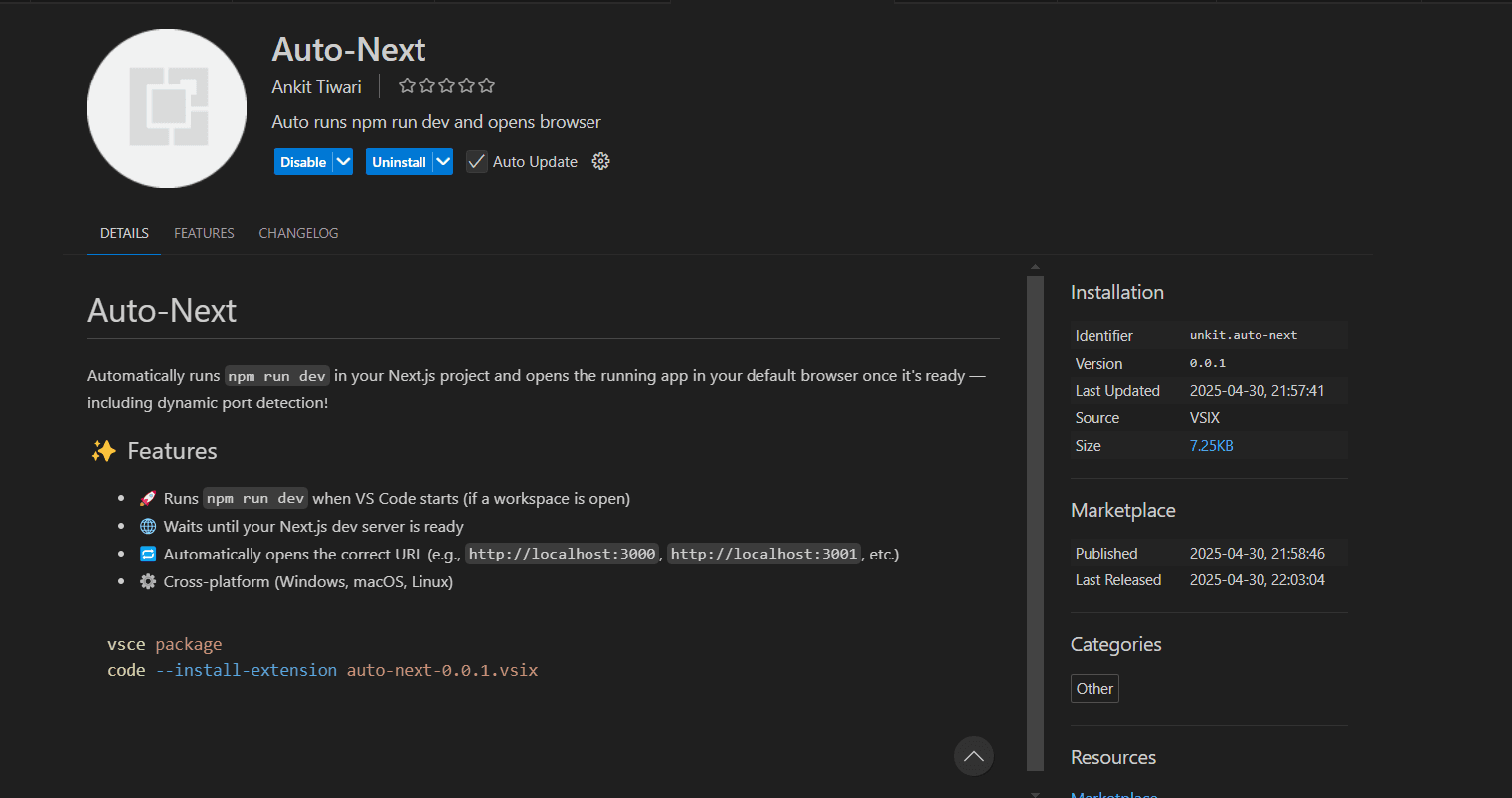 AutoNext Screenshot on Visual Studio Code Extensions Page